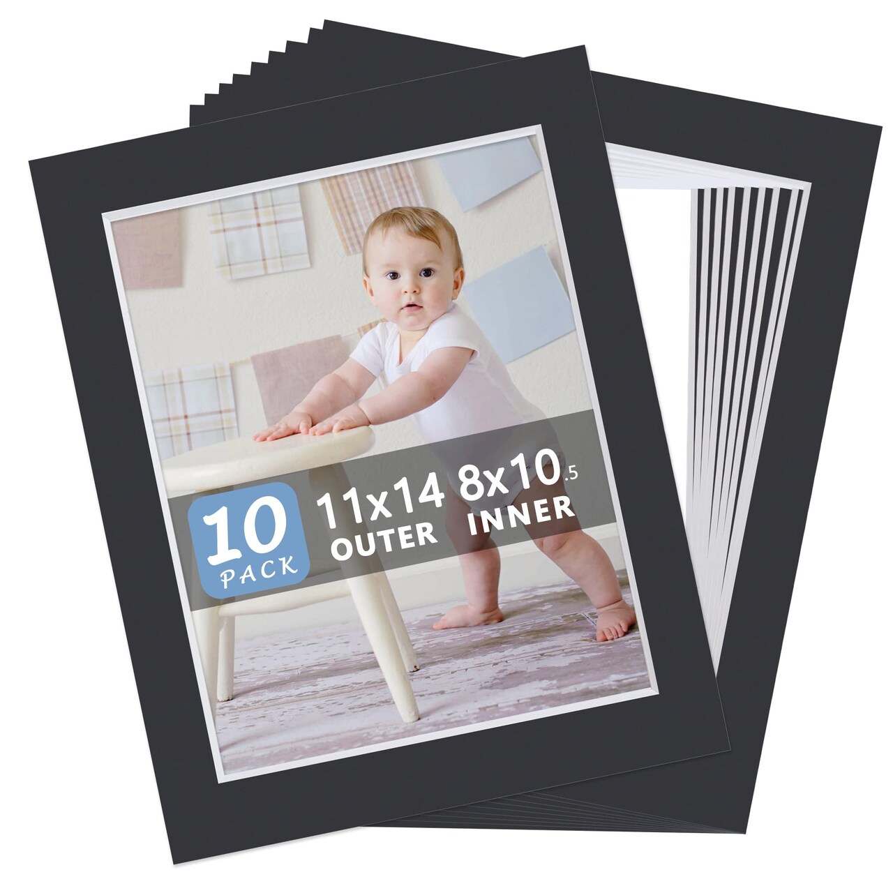 10 Pack Pre-Cut 11 x 14 Black Picture Mats for 8.5x11 Photos - White Core Bevel Cut Frame Matte, Acid Free, Ideal for Frames/Artwork/Prints